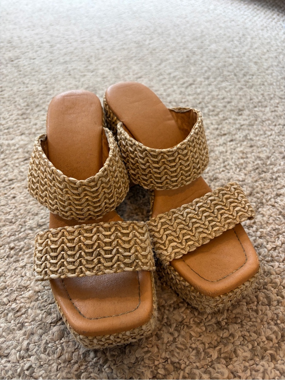 Woven Two-Band Platform Sandal - Tan Straw